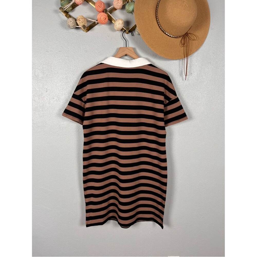 Evereve Nova Polo Mini Shirt Dress Cotton Chocolate Brown/Black Striped Large - Picture 5 of 9